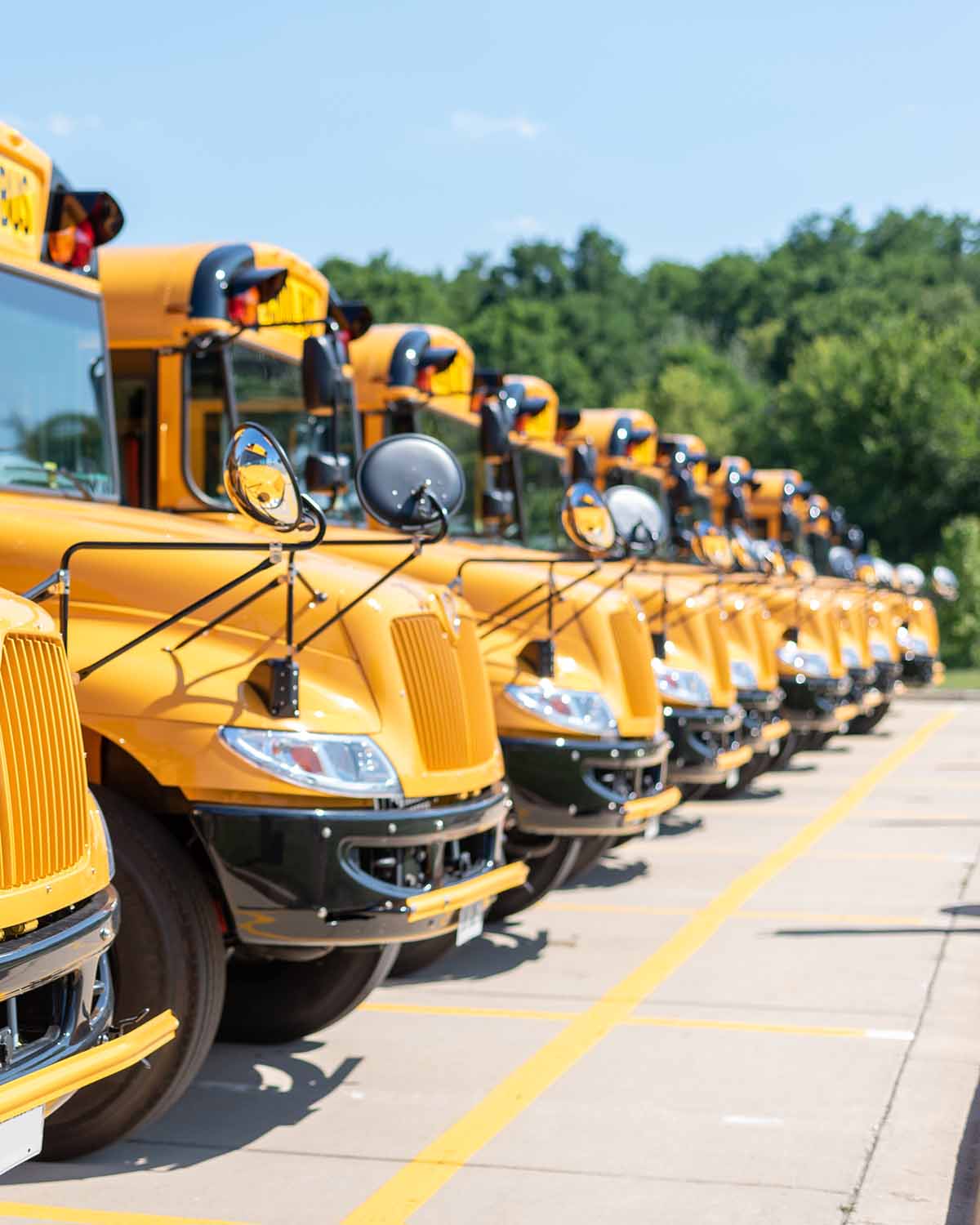 A row of school buses parked in a lot.