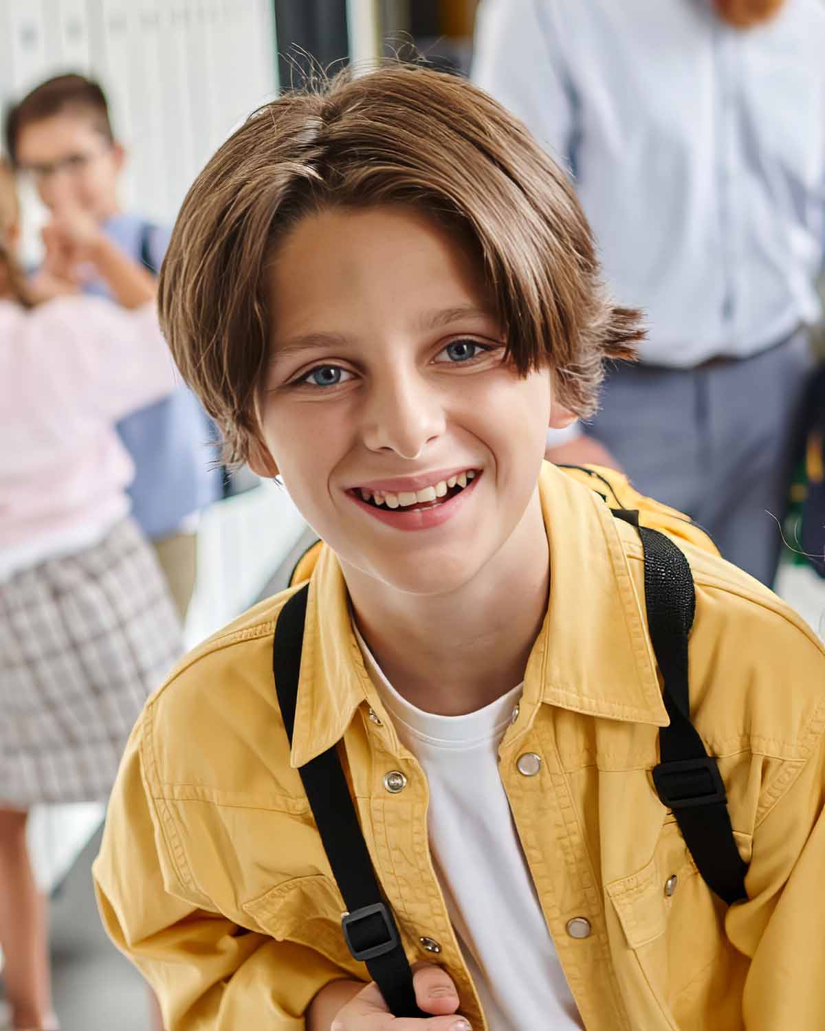 Young boy smiling in hallway wearing a yellow jacket and backpack
