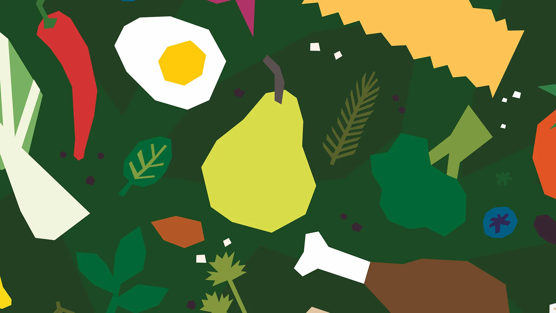 Color illustrations of various ingredients and produce