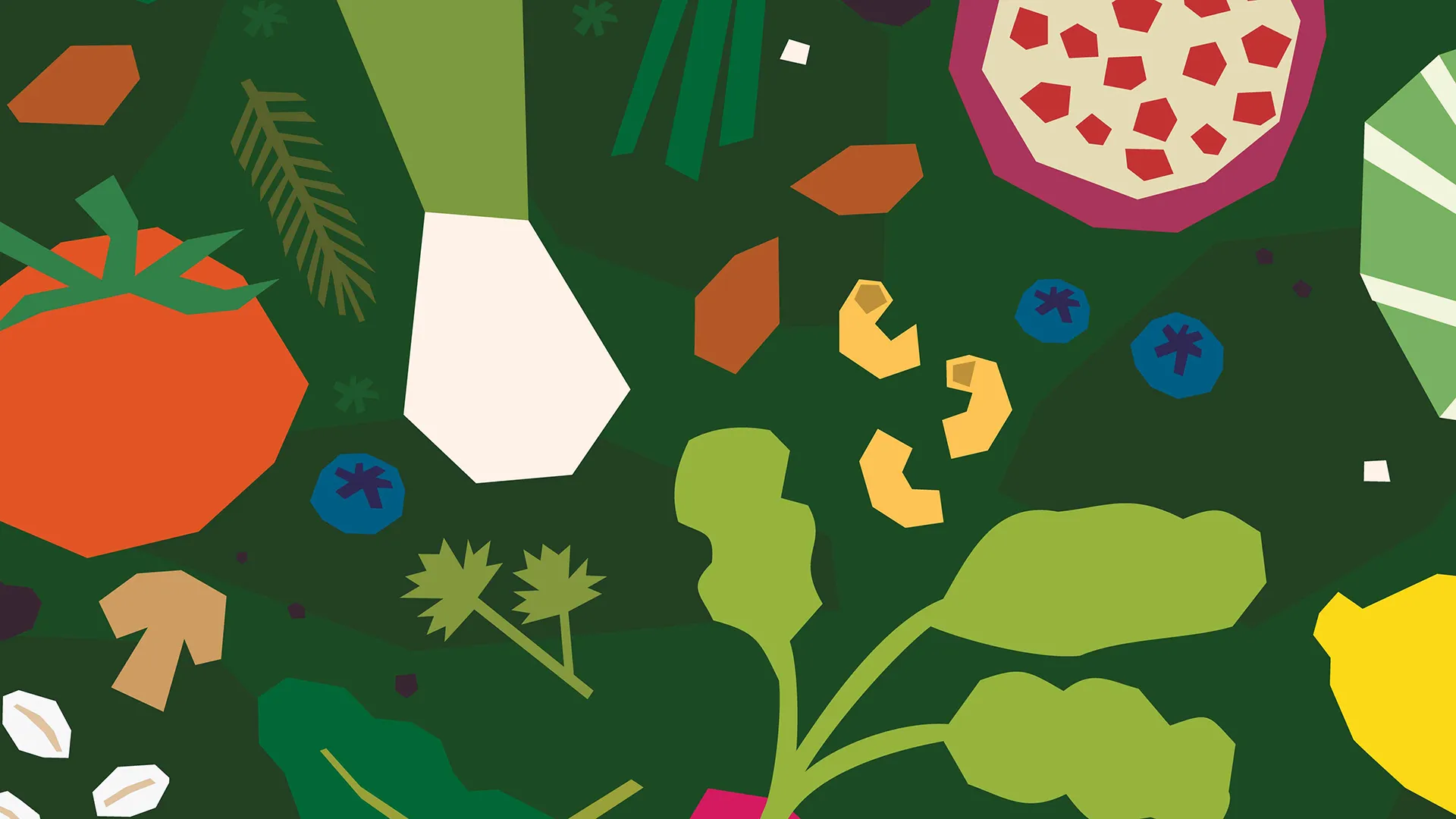 Color illustrations of various ingredients and produce