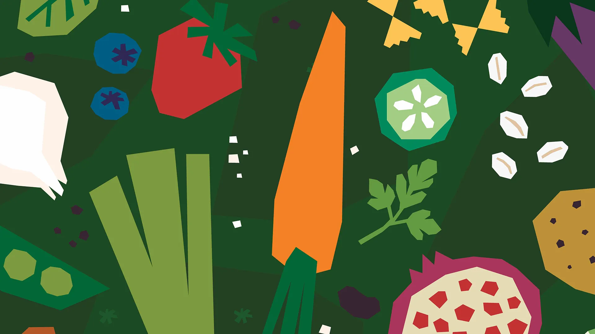 Color illustrations of various ingredients and produce
