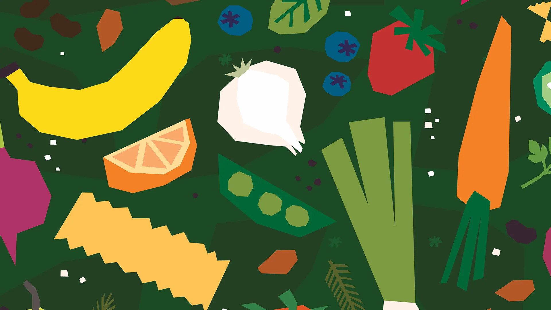 Color illustrations of various ingredients and produce