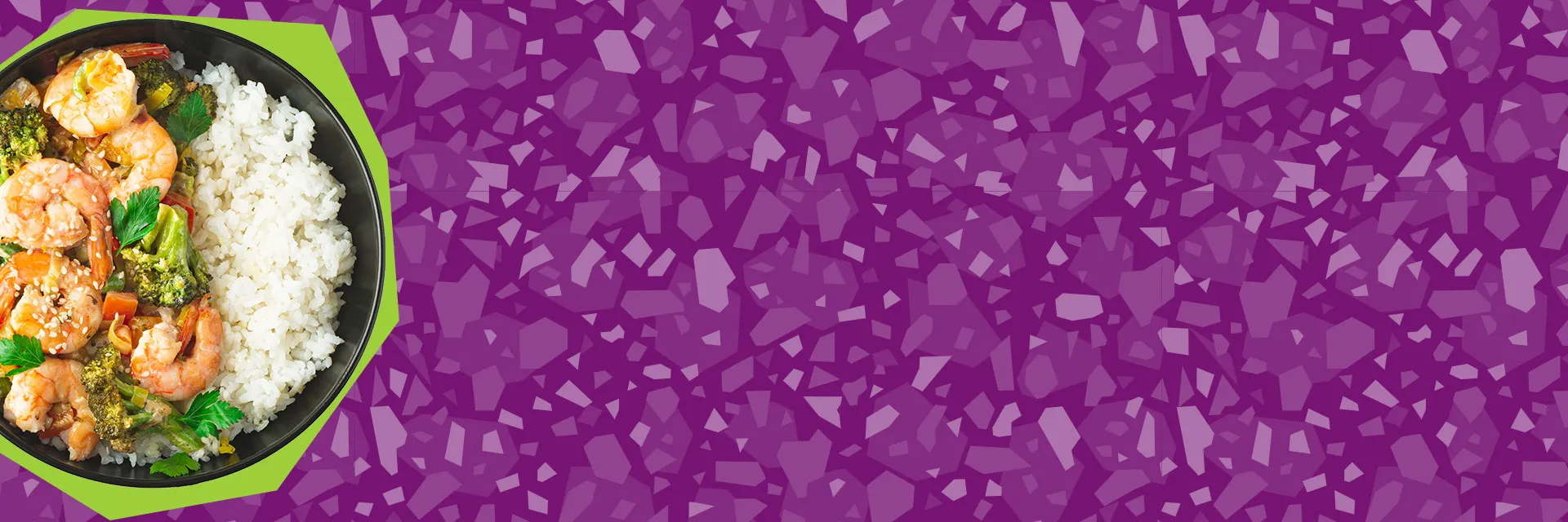 shrimp and rice dish on a purple terrazzo background